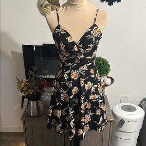 SHEIN Black Floral Mini Dress with Orange and White Accents